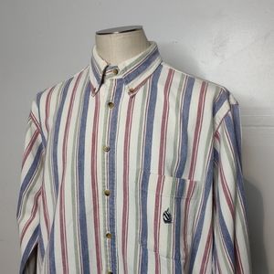 Vintage 90s NAUTICA Button Down Shirt Red White Blue Denim Stripe XL 100% Cotton